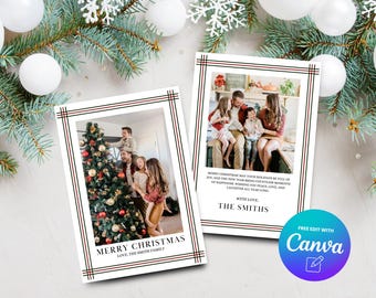 May include: Two Christmas cards with family photos. The cards have a white background with a red and black border. One card reads "MERRY CHRISTMAS" and "LOVE, THE SMITH FAMILY". The other card has text about the holidays.