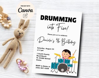 May include: A white invitation card with black text that says "DRUMMING into Five!" and "Daniela's 5th Birthday". The invitation includes details for a birthday party, including the date, time, and location. An illustration of a girl playing drums is featured on the card.