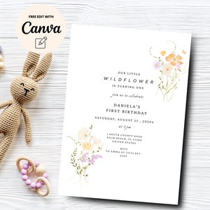 Wildflower First Birthday Invitation, Little Wildflower is Turning One, , Floral 1st Bday Invite, Canva Editable, Digital Download