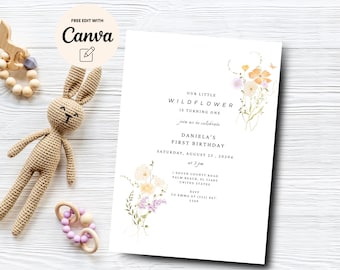 May include: A white invitation with a floral design featuring yellow, orange, and purple flowers. The text reads "Our Little Wildflower is turning one. Join us to celebrate Daniela's First Birthday. Saturday, August 23, 20204 at 3 pm. 1 South County Road, Palm Beach, FL 33480, United States. RSVP to Emma at (555) 867-5309."
