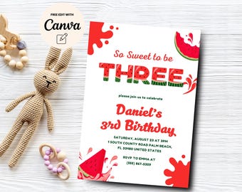 Watermelon 3rd Birthday Invitation So Sweet to be Three Birthday Invitation Watermelon 3rd Birthday Invite Canva Template, Digital Download