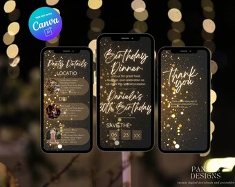 Invitación digital dorada para cena de cumpleaños, invitación animada en video para fiesta de cumpleaños digital, plantilla Canva para cena de cumpleaños, descarga digital