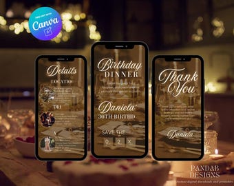 Convite digital para jantar de aniversário, convite digital para festa de aniversário em vídeo, modelo Canva para jantar dourado de aniversário, download digital
