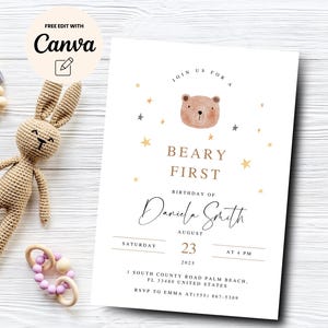 Beary Erster Geburtstag Einladung, Teddybär Geburtstag einladen Beary Erster Boho Geburtstag Minimalist einladen, Canva bearbeitbar, digitaler Download