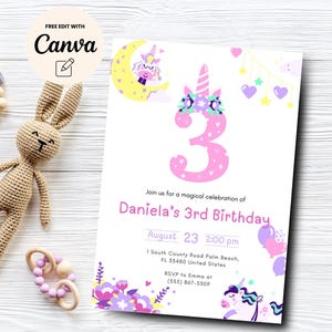Unicorn 3rd Birthday Party Invitation, Rainbow Invitation, Magical Birthday Invitation, Unicorn Birthday, Canva Template, Digital Download