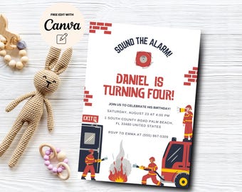 May include: Firefighter themed birthday party invitation with red and blue accents. The invitation says "Sound the Alarm! Daniel is turning four!" and includes details about the party, including the date, time, and location.
