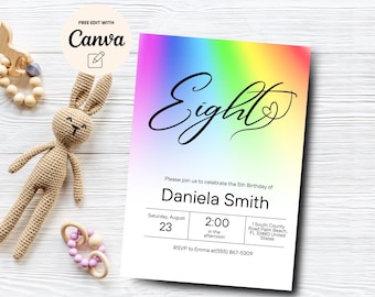 May include: Rainbow-colored birthday invitation with the text "Eight" in a cursive font. The invitation is for Daniela Smith's 5th birthday party on August 23rd at 2:00 in the afternoon. The address is 1 South County Road Palm Beach, FL 33480 United States. RSVP to Emma at (555) 867-5309.