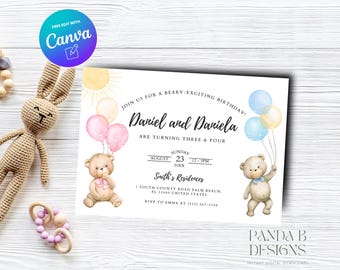 Bear Double Birthday Invite for Kids, Girl Boy Birthday Invitation, Bear Theme invite Any Age, Canva Template, Instant Download