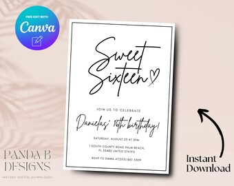 Sweet Sixteen 16th Birthday Invite, Minimalist  16th Birthday Invitation, Sweet Sixteen Birthday Invite Canva Template, Digital Download