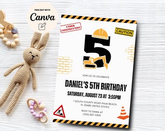 Construction 5th Birthday Invitation, Construction Trucks Party Invite, Dump Everything Construction, Canva Template, Digital Download