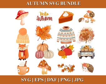 Puede incluir: Una colección de ilustraciones en acuarela con temática otoñal. Incluye una seta, un trozo de tarta de calabaza, un suéter, un zorro, calabazas, una camioneta con girasoles y el texto "Hello Autumn".