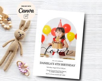 Invitación con foto editable para el cuarto cumpleaños, invitación para el cuarto cumpleaños, invitación con foto minimalista para el cuarto cumpleaños, Canva editable, descarga digital