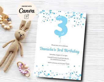 Editable Blue Balloon 3rd Birthday Invitation, Blue Balloon Party Invite, 3rd Birthday Party Invite, Canva Template, Digital Download