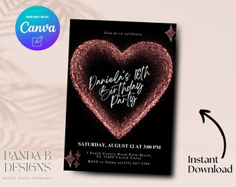 Faire-part pour 16e anniversaire de paillettes roses, invitation minimaliste pour 16e anniversaire rose, modèle de toile d'invitation Sweet Sixteen, téléchargement numérique