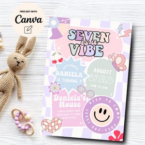 Invitación editable para el séptimo cumpleaños de Seven is a Vibe, invitación imprimible para el séptimo cumpleaños, plantilla Canva para cumpleaños de niña, descarga digital