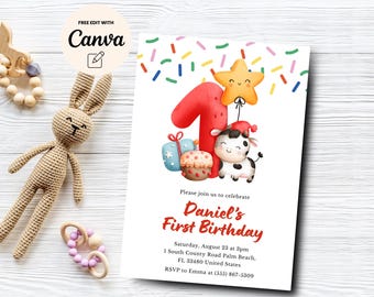Cow 1st Birthday Invitation, Editable Cute Cow 1st Birthday Invitation, Safari 1st Birthday Invite Canva Template, Digital Download