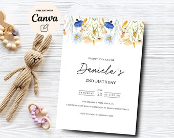 May include: A white invitation with floral watercolor accents, announcing "Daniela's 2nd Birthday." The text includes the date, time, and location in Palm Beach, Florida. The invitation also features the text "Free Edit With Canva."