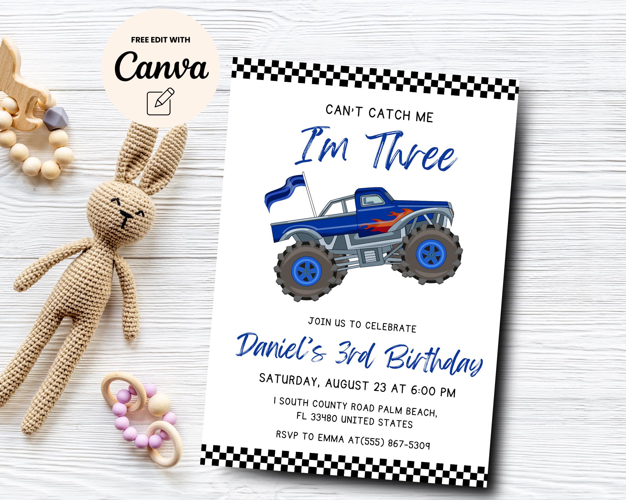 Monster Truck 3rd Birthday Invitation, Third Gear 3rd Birthday Invite, 3rd Birthday Monster Truck, Canva Editable, Digital Download