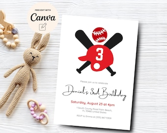 Baseball 3.Geburtstagseinladung, Jungen Geburtstag, Spiel weiter, Baseball Einladung, Baseball 3.Geburtstagseinladung, Canva Vorlage, digitaler Download
