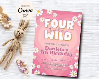 Daisy 4e verjaardagsuitnodiging, uitnodiging VIER Ever Wild Boho, Pink Daisy 4e verjaardag uitnodigen, canvassjabloon, digitale download