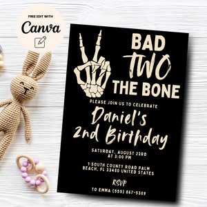 Bad Two the Bone, 2nd Birthday Invitation Text Template, Editable Fall Halloween Second Birthday, Canva Editable, Digital Download