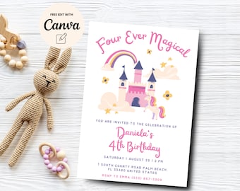 Enhörningsflicka 4-årsdag, redigerbar enhörnings 4-årsdagsinbjudan, magisk födelsedagsinbjudan till fyra någonsin, Canva-mall, digital nedladdning