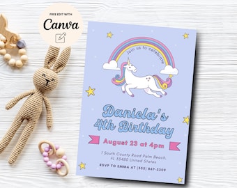 Einhorn 4. Geburtstagseinladung bearbeitbar, vier magische Geburtstagseinladungen, Einhornmädchen 4. Geburtstag, Canva-Vorlage, digitaler Download