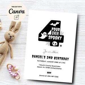Four Ever Spooky Invitation Template modificabile, invito per festa di compleanno a tema Halloween per il 4° compleanno, modello Canva, download digitale