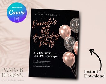 Invitación de cumpleaños número 16 con globos, invitación minimalista de cumpleaños número 16 con globos rosas, plantilla Canva para invitación de dulces dieciséis, descarga digital
