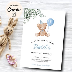 Invito di compleanno Greenery Bear, invito neutro Teddy Bear, invito minimalista Beary First Boho Birthday, Canva modificabile, download digitale