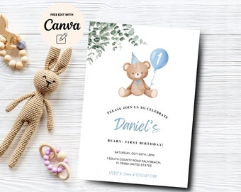 Invitación de cumpleaños con diseño de oso verde, invitación neutra con diseño de osito de peluche, invitación minimalista para el primer cumpleaños bohemio de Beary, Canva editable, descarga digital