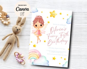 Fairy 5th Birthday Invitation, Fairy 5th birthday party invite, Rainbow Fairy Fifth Birthday, Canva Template, Digital Download