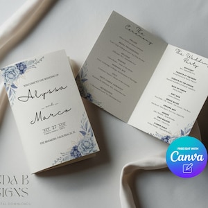 Dusty Blue Wedding Program, Printable Blue Floral Template, Instant Download, Digital Product, Editable Canva Template