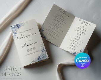 Dusty Blue Wedding Program, Printable Blue Floral Template, Instant Download, Digital Product, Editable Canva Template