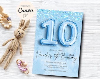 Invitación editable para décimo cumpleaños en azul, invitación para fiesta de cumpleaños con purpurina, número de niña para décimo cumpleaños, plantilla Canva, descarga digital