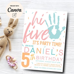 Hi-Five 5th Birthday Invitation, Modern Party Invite, High Five Birthday, Colorful Birthday Invite, Canva Template, Digital Download