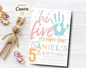 Hi-Five 5th Birthday Invitation, Modern Party Invite, High Five Birthday, Colorful Birthday Invite, Canva Template, Digital Download