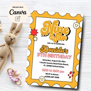 Groovy Nine is a Vibe 9th Birthday Invitation, Girl Groovy 9th Birthday Invite, Girl Smiley Birthday Canva Template, Digital Download