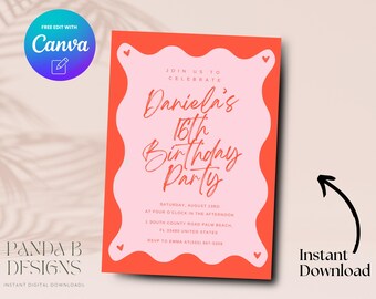 Minimalist 16th Birthday Invitation, Orange  16th Birthday Invite, Sweet Sixteen Birthday Invite Canva Template, Digital Download