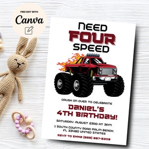 Monster Truck Need Four Speed Invitation, invito modificabile per il 4° compleanno di un camion, festa di compleanno di un camion, modello Canva, download digitale