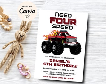 Monster Truck Need Four Speed Invitation, invito modificabile per il 4° compleanno di un camion, festa di compleanno di un camion, modello Canva, download digitale
