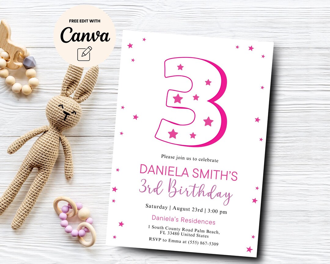 Pink 3rd Birthday Invitation, Pink Star Birthday Party Invite, Pink ...