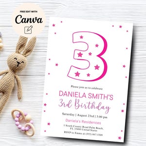 Pink 3rd Birthday Invitation, Pink Star Birthday Party Invite, Pink Girl Third Birthday, Canva Template, Digital Download