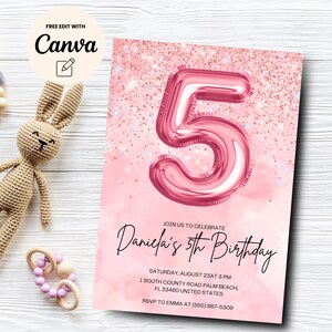 Redigerbar rosa 5-årsdagsinbjudan, glitterfödelsedagsfestinbjudan, regnbågsfolieflicka med femte födelsedag, Canva-mall, digital nedladdning