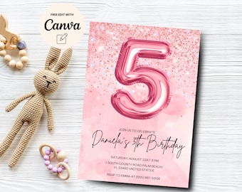 Editable Pink 5th Birthday Invitation, Glitter Birthday Party Invite, Rainbow Foil Girl Fifth Birthday, Canva Template, Digital Download