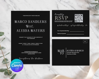 Schwarze Hochzeitseinladung mit QR Code, Minimale Hochzeitseinladung, Modernes Invite, Canva Template, Sofort Download, Digitales Produkt