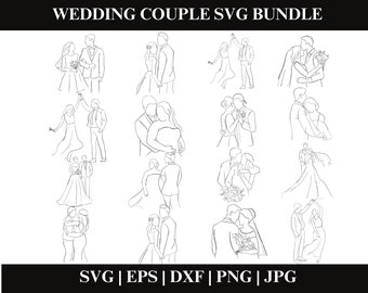 May include: A set of 16 black and white line drawings of wedding couples in various poses. The drawings are simple and elegant, and they would be perfect for use in wedding invitations, save-the-dates, or other wedding stationery.