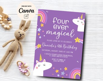 Redigerbar inbjudan till enhörning, magisk födelsedagsinbjudan till fyra någonsin, enhörningsflicka, 4-årsdag, Canva-mall, digital nedladdning