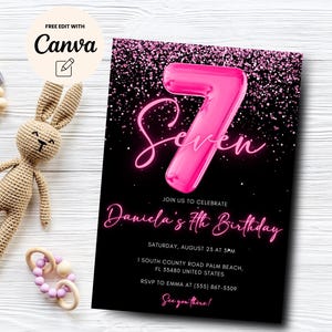 Neon Pink Einladung zum 7. Geburtstag, Pink Glitter zum 7. Geburtstag einladen Mädchen Geburtstagseinladung Canva Vorlage, digitaler Download