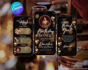 Convite digital para jantar de aniversário, convite digital para festa de aniversário em vídeo, modelo Canva para jantar dourado de aniversário, download digital